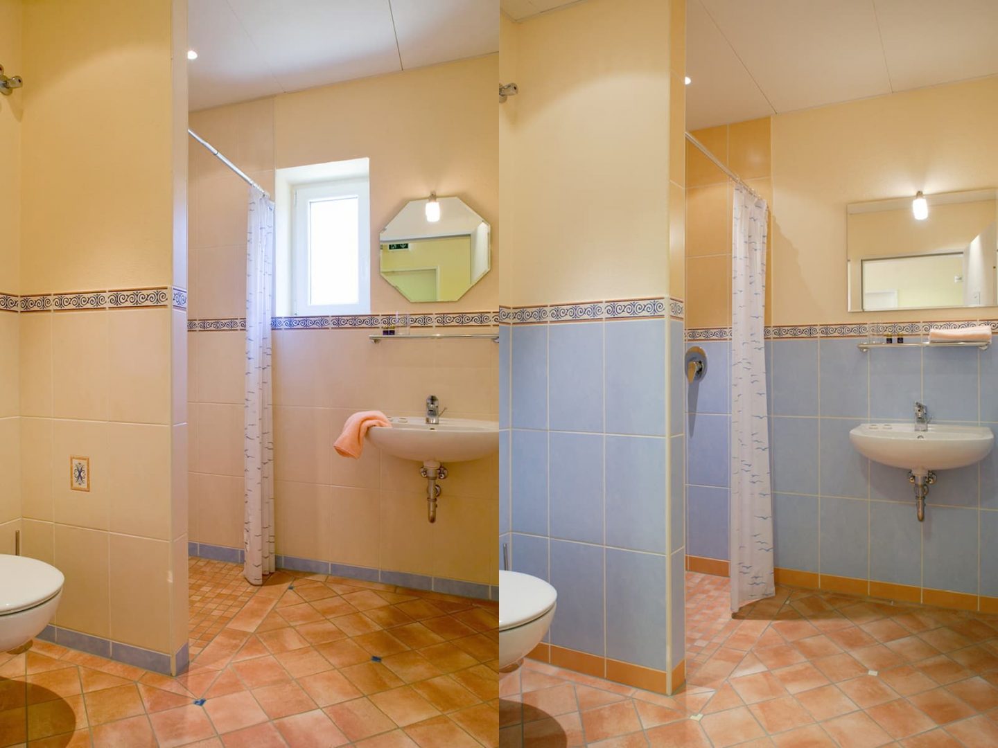 Mediterran gestaltete Mietsanitärkabine auf dem Camping Gugel