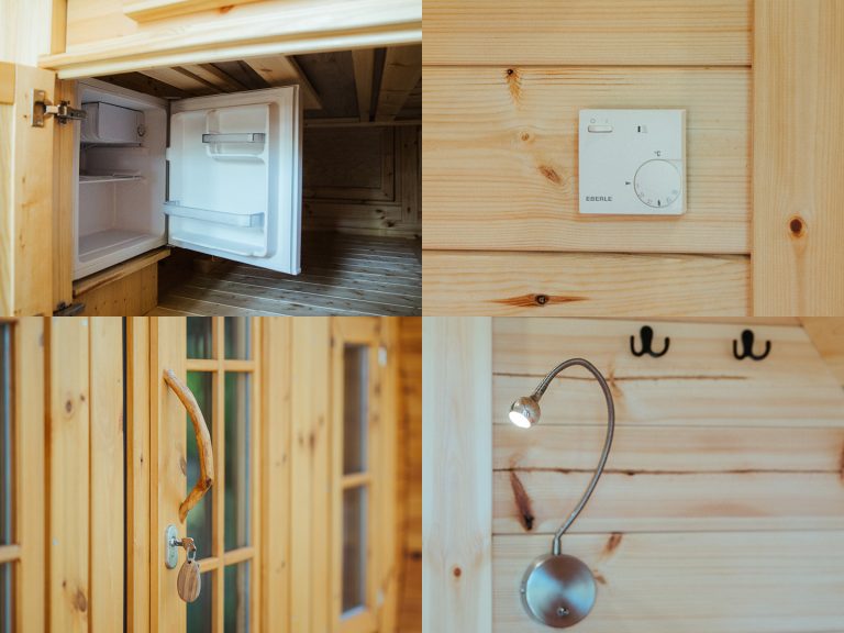 Campingfass bzw. Schlaffass Kühlschrank und Detailaufnahmen